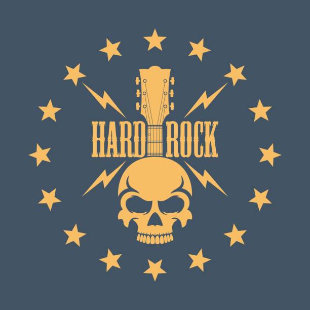 Skull with a guitar and stars with text Illustration on the theme of rock music guitar designs stock illustrations