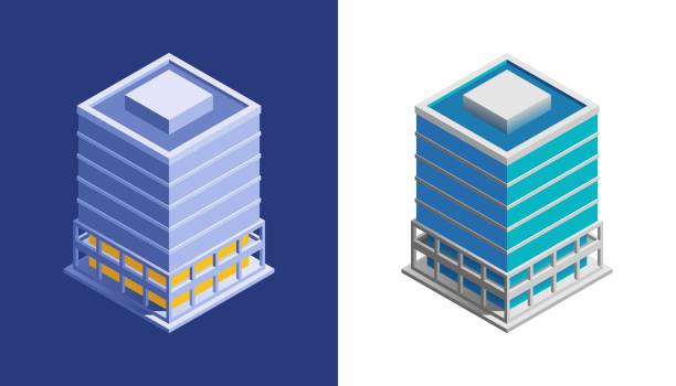 Business Building Isometric view at exterior of a modern building, represented in different color variations. government building infographic stock illustrations