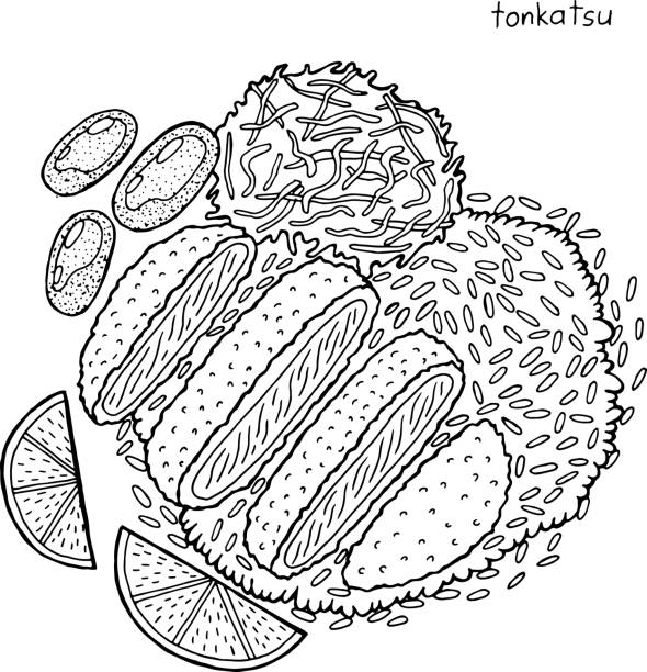 Tonkatsu - japanese food ink illustration. Graphic black and white artwork. Coloring page for adults. Vector illustration Tonkatsu - japanese food ink illustration. Graphic black and white artwork. Coloring page for adults. Vector illustration. Cutlet stock illustrations