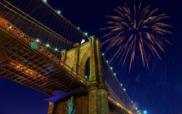 Fireworks bursting from the Brooklyn bridge at dusk Fireworks bursting from the Brooklyn bridge at dusk with Independence day new years eve new york stock pictures, royalty-free photos & images