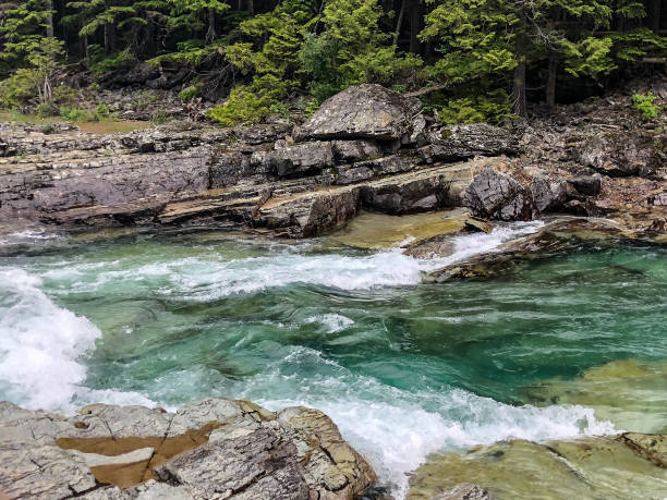 agua espumosa blanca aqua corriendo río abajo en el parque nacional - montana water landscape nature fotografías e imágenes de stock