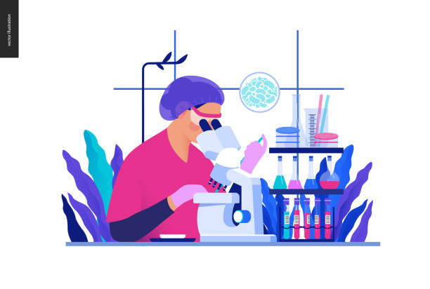 Medical tests Blue illustration - chemical laboratory analysis Medical tests Blue illustration -chemical laboratory analysis - modern flat concept digital illustration - laboratory analysis -woman laboratory assistance, microscope, medical office, laboratory science lab stock illustrations