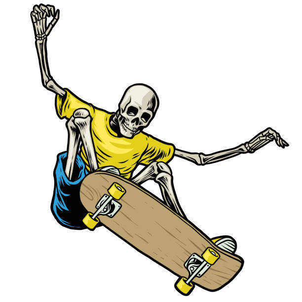 illustrations, cliparts, dessins animés et icônes de skateboarder de crâne sautant dans l'action - grinding