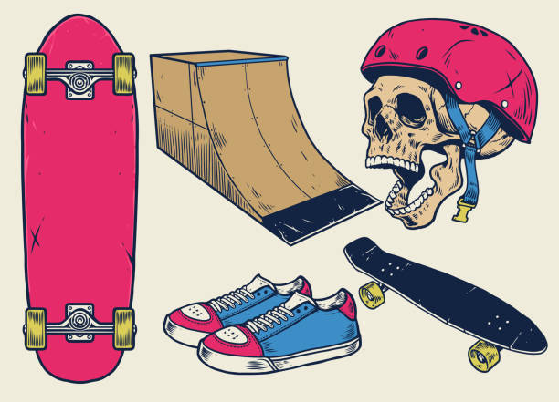 illustrazioni stock, clip art, cartoni animati e icone di tendenza di oggetti da skateboard vintage impostati in stile disegno a mano - ollie