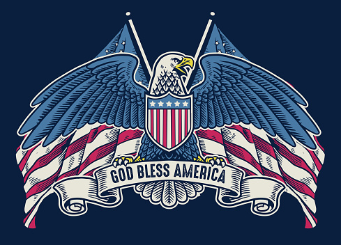 vector of vintage hand drawn american eagle with flag as background