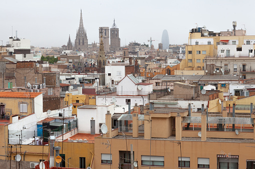 Barcelona, Spain - 21 May 2014: Raval roofs aerial view