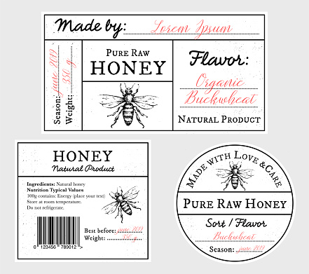 Set of vector card templates with honey bee - lid, front and back labels. Space for text. Pure raw honey label collection with editable text. Minimalist design, black and white