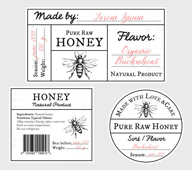 Set of vector card templates with honey bee - lid, front and back labels. Set of vector card templates with honey bee - lid, front and back labels. Space for text. Pure raw honey label collection with editable text. Minimalist design, black and white label drawings stock illustrations