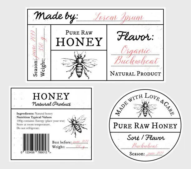 Vector illustration of Set of vector card templates with honey bee - lid, front and back labels.