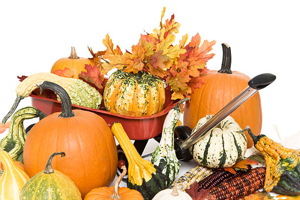 fall harvest - indian corn toy wagon pumpkin holiday imagens e fotografias de stock