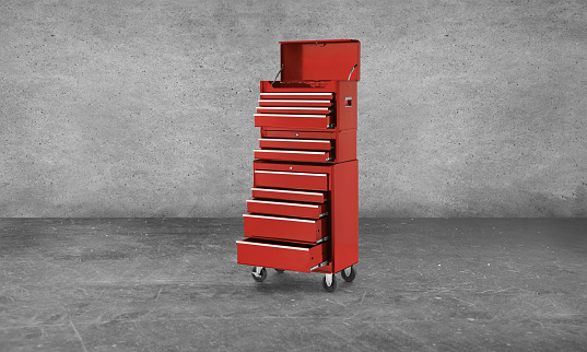 A red tool chest in a garage