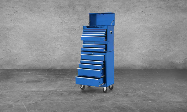 A blue tool chest in a garage