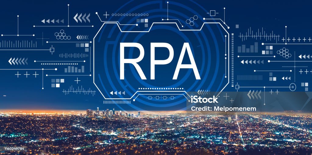 Robotic process automation concept with downtown Los Angeles Robotic process automation concept with downtown Los Angeles at night Robotic Process Automation Stock Photo