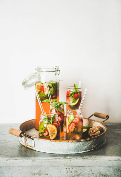 istock Fresh homemade strawberry and basil lemonade, copy space 1160250486
