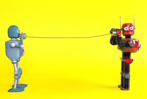 The retro two robots with tin can phones. 3d render