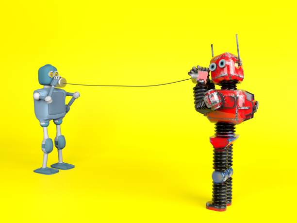 istock Retro two robots with tin can phones. 3d render 1160255328