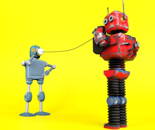 istock Retro two robots with tin can phones. 3d render 1160255349