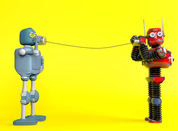 istock Retro two robots with tin can phones. 3d render 1160255370