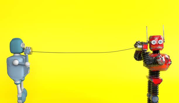 istock Retro two robots with tin can phones. 3d render 1160255391