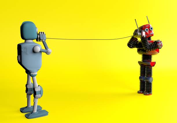 istock Retro two robots with tin can phones. 3d render 1160255426