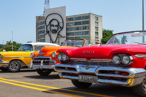 Havana, Cuba - May 19, 2019: Old Classic American Taxi Car at the Plaza de la Revolución.