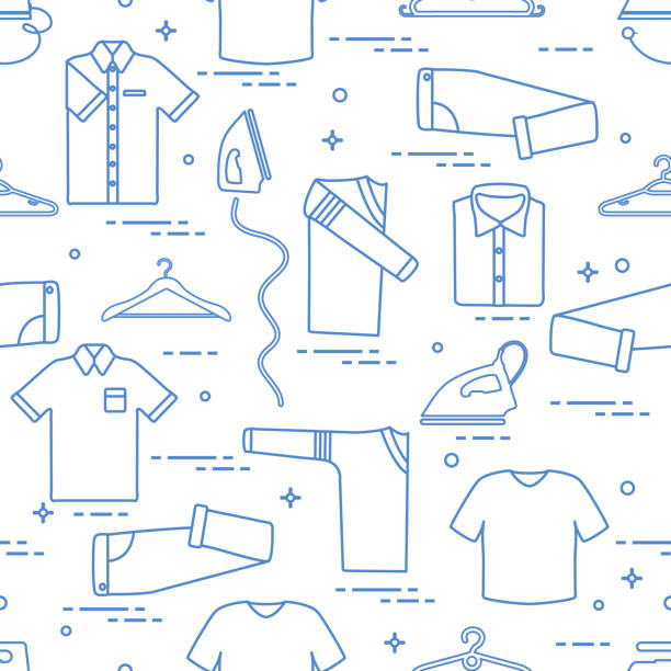 Pattern with irons, hangers and different clothes. Seamless pattern with irons, clothes hangers and different clothes. Design for banner and print. folded sweater stock illustrations