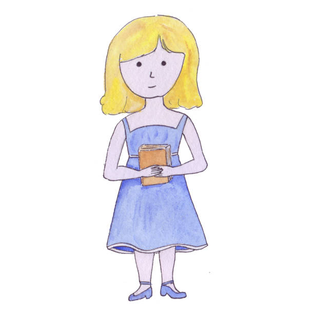 illustrazioni stock, clip art, cartoni animati e icone di tendenza di ragazza bionda con un vestito blu con in mano un libro, di nome alice, dalla fiaba "alice nel paese delle meraviglie" di lewis carroll - little girls alice in wonderland child fairy tale