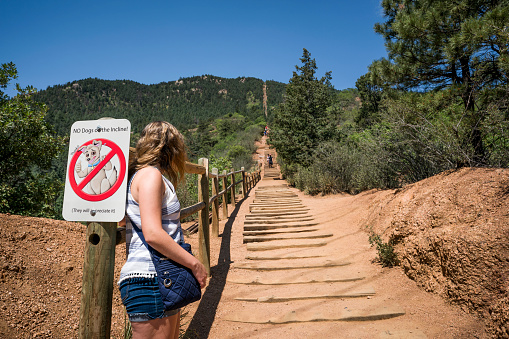 Colorado, USA - July 8, 2018: A person looks up the trail of the Manitou Incline, a former cog railroad converted to a strenous hiking trail with a steep grade ranging from 45% to 68% and an elevation gain of 2,000 feet in less than a mile going straight up to Pike's Peak, Manitou Springs