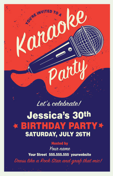 Retro Karaoke Party Poster design template with microphone Vector illustration of a Retro Karaoke Party Poster design template with microphone. Includes lot's of textures and sample text design. Easy to edit with layers. EPS 10, karaoke stock illustrations