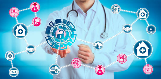 Doctor Sharing Data Is Exposed to Vulnerability Young male doctor sharing data is exposed to network vulnerabilities created by mergers and acquisitions of medical practices. IT concept for computer and network security, data breach, cyber crime. data breach photos stock pictures, royalty-free photos & images