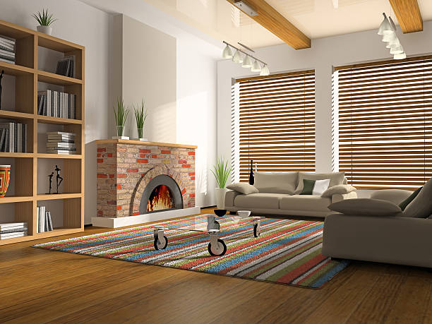 istock 3D rendering of Drawing room with fireplace 116027187