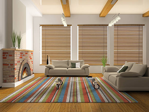 3D rendering of living space interior with fireplace