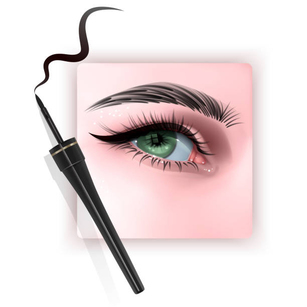 Realistic illustration of eye applying eyeliner close up, woman applies eyeliner Realistic illustration of eye applying eyeliner close up, woman applies eyeliner, Vector EPS 10 illustration eyeliner brush stock illustrations