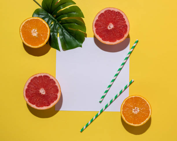 istock Creative fruit composition on yellow background with hard shadows. Summer minimal concept. 1160272347