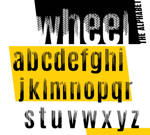 Tire Font Wheel low case Wheel. Grunge tire letters. Off road lettering in a black color isolated on white background. Editable vector illustration. Grunge typography useful for automotive poster, print, leaflet design. 4 wheel motorbike stock illustrations