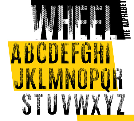 Wheel. Grunge tire letters. Off road lettering in a black color isolated on white background. Editable vector illustration. Grunge typography useful for automotive poster, print, leaflet design.
