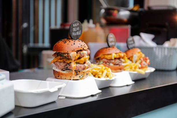 istock Freshly flame grilled burger displayed at Borough Market, London 1160277136