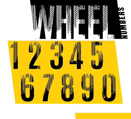 Wheel. Grunge tire numbers. Off road lettering in a black color isolated on white background. Editable vector illustration. Grunge typography useful for automotive poster, print, leaflet design.