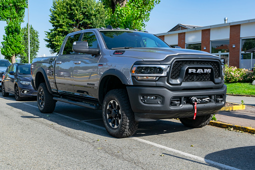 Turin, Italy - 28th June, 2019: Ram 2500 Heavy Duty parked on the street. This vehicle is one of the most popular pick-up trucks in North America.