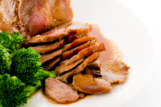 Roasted pork with sauce and broccoli on white plate