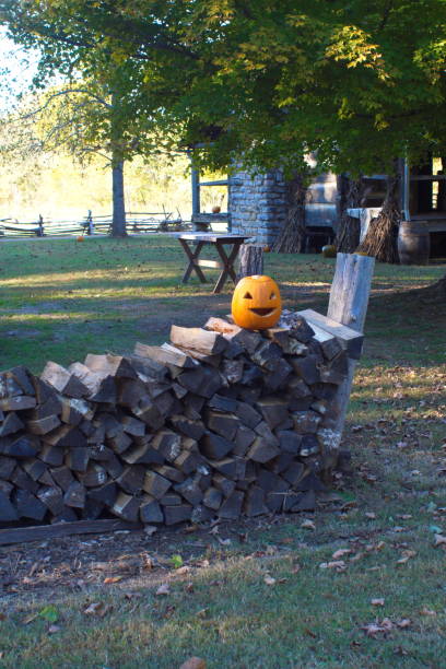 Jack-o-lantern on a wood pile at an old farmhouse at a historic farmstead in Land Between the Lakes Park near Paducah, Kentucky, USA