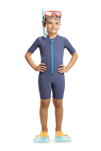 istock Boy in a wetsuit, diving mask and flippers posing 1160281747