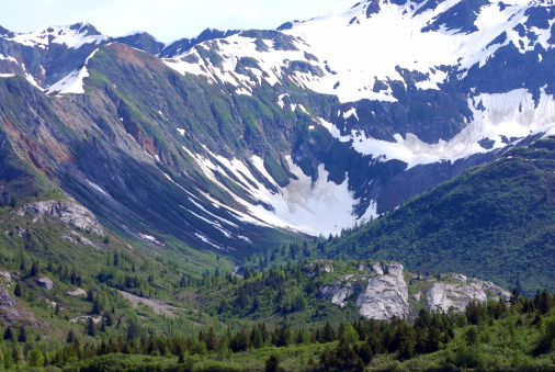 Aerial view of a snowy mountain range. A cirque can be seen in full view, a bowl shaped glacially eroded valley. The mountain area is only partially covered by snow and plenty of green vegetation can also be seen. Forested areas can cover parts of the valley. The mountains are very rocky in areas. 