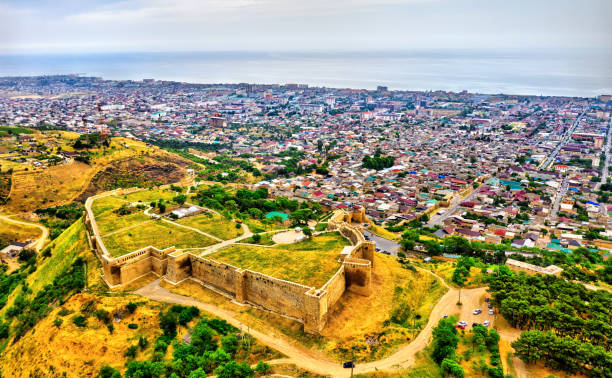 The citadel of Naryn-Kala in Derbent, Russia Aerial view of the citadel of Naryn-Kala in Derbent. UNESCO world heritage in Dagestan, Russia north caucasus photos stock pictures, royalty-free photos & images