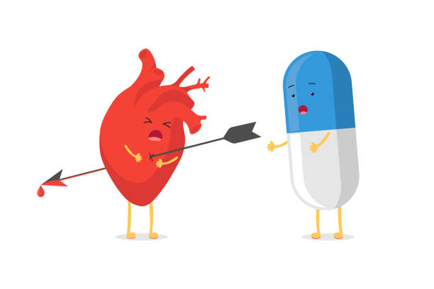 illustrations, cliparts, dessins animés et icônes de caractère mignon de coeur de dessin animé percé étant tiré par l'émotion triste de flèche d'emoji et la pillule étonnée de comprimé de médecine. illustration circulatoire de thérapie d'agonie d'organe circulatoire de vecteur - human heart heart disease healthy lifestyle human internal organ