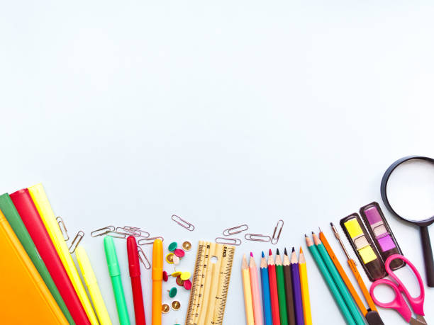 istock Colorful  school suplies against light blue background with copy space. Back to school concept, top view. 1160294075