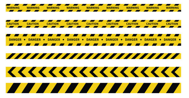 注意と危険なテープ。警告テープ。黒と黄色の線ストライプ。ベクトル図 - 工事用通行止めバリア点のイラスト素材／クリップアート素材／マンガ素材／アイコン素材