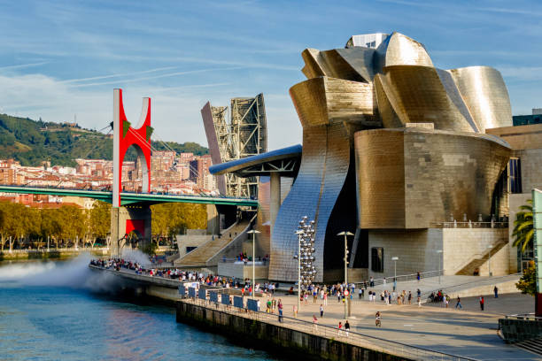 Panoramic view of La Salve Bridge and Guggenheim Museum, designed by ‬Frank Gehry, Nervion river, Bilbao, Spain stock photo