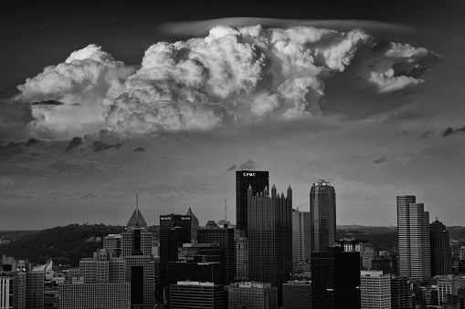 Pittsburgh, USA - May 23, 2019. Clouds over downtown Pittsburgh, Pennsylvania.