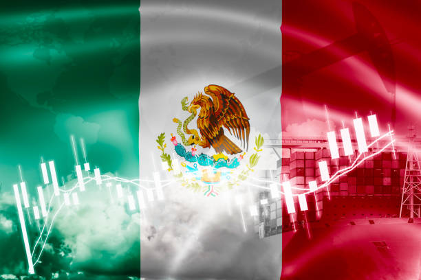 멕시코 국기, 주식 시장, 교환 경제 및 무역, 석유 생산, 수출 및 수입 비즈니스 및 물류컨테이너 선. - 수출 뉴스 사진 이미지